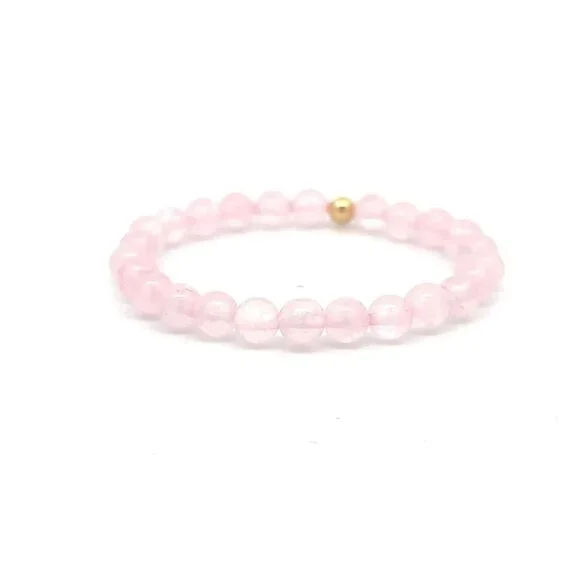 Natural Rose Quartz Gemstones 6mm Stretchable Bracelet 18k Gold Bead Charm - Picture 4 of 4
